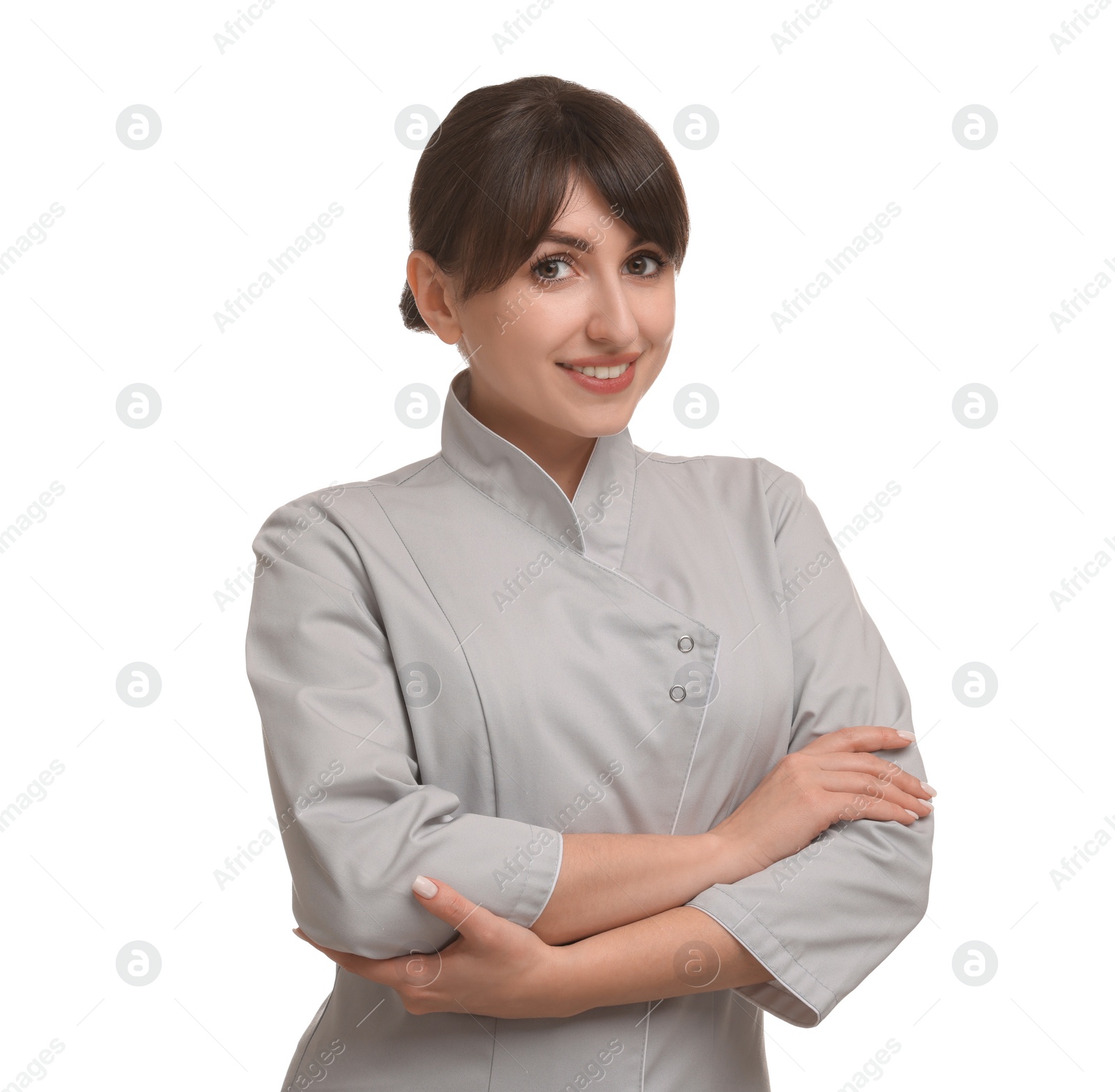 Photo of Cosmetologist in medical uniform on white background