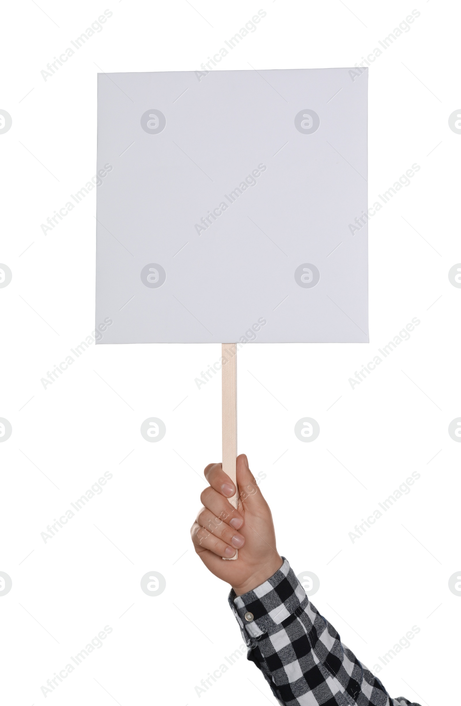 Photo of Man holding blank protest sign on white background, closeup