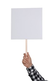 Man holding blank protest sign on white background, closeup