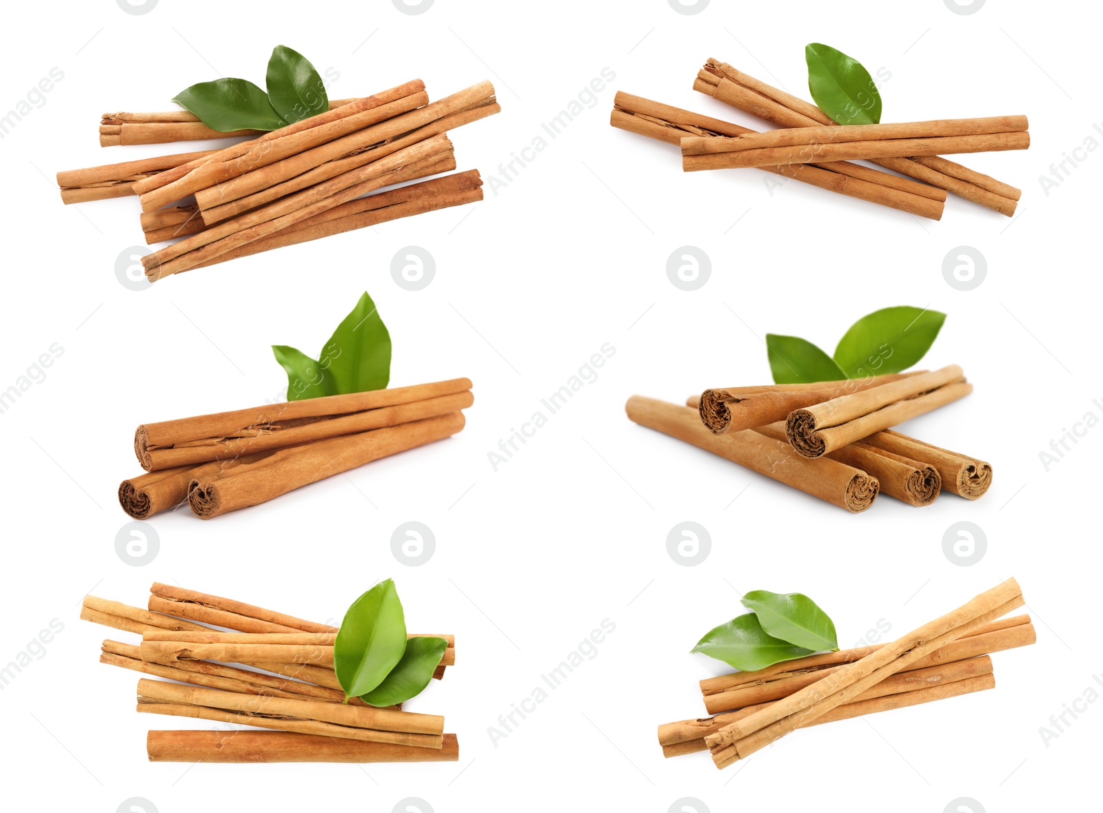 Image of Set with aromatic cinnamon sticks on white background 