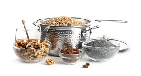 Ingredients for traditional kutia on white background