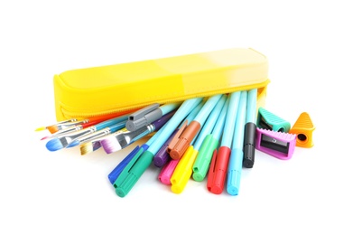 Set of colorful school stationery on white background