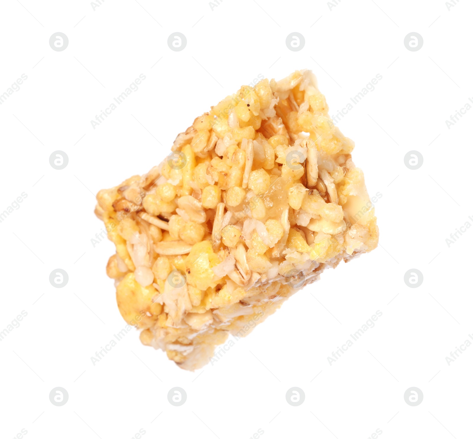 Photo of One piece of tasty granola bar isolated on white