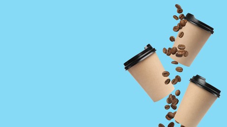 Image of Coffee to go, banner design. Paper cups and roasted beans flying on light blue background, space for text