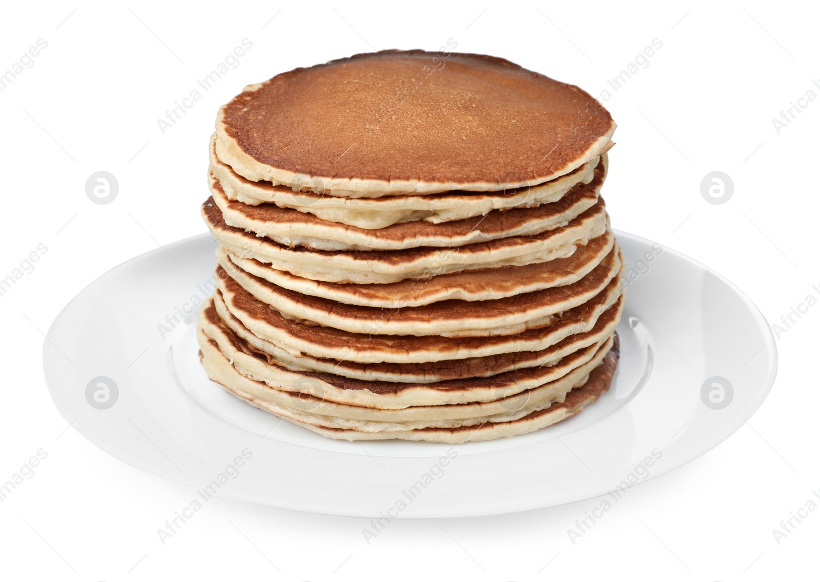 Photo of Stack of hot tasty pancakes on white background