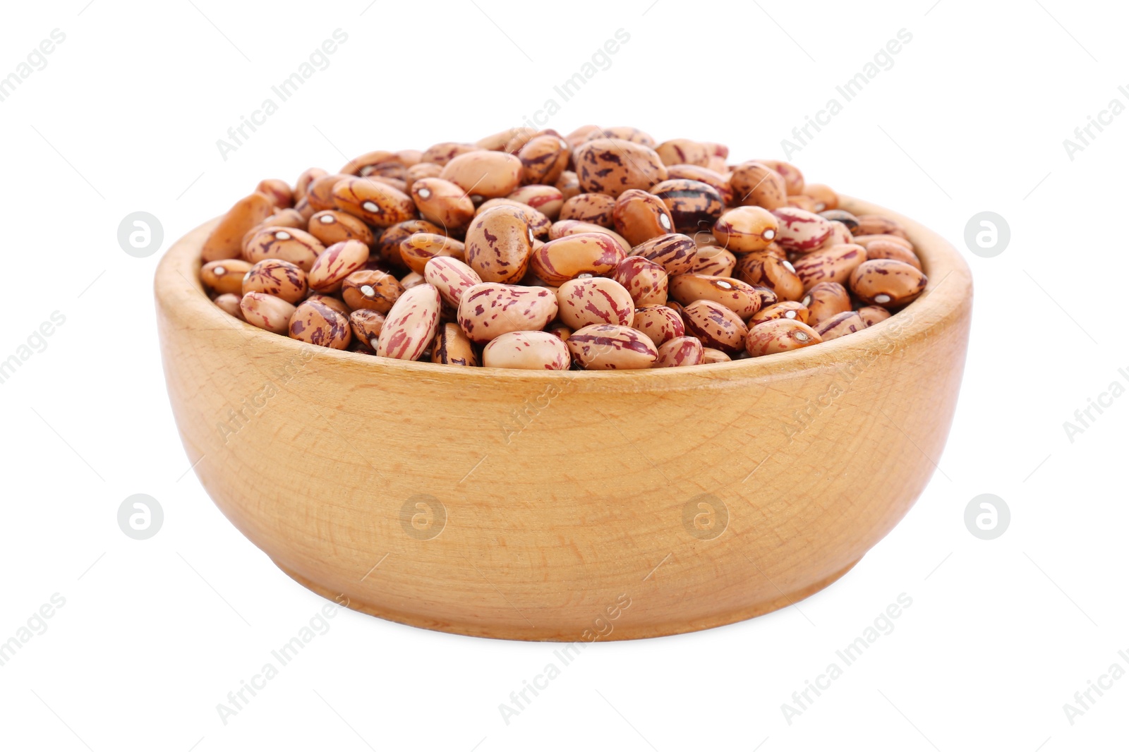 Photo of Wooden bowl with dry kidney beans isolated on white