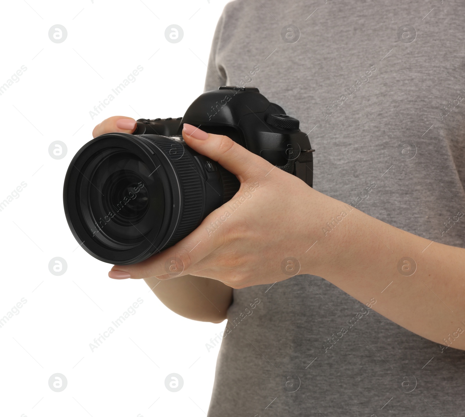 Photo of Photographer with camera on white background, closeup