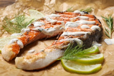 Photo of Tasty salmon steak with sauce, citrus slices and dill on parchment paper, closeup