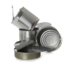 Photo of Many used tin cans on white background. Recycling rubbish