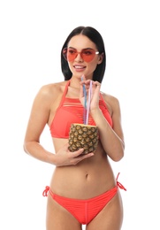 Photo of Beautiful young woman in stylish bikini with cocktail on white background