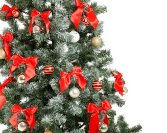 Photo of Beautiful Christmas tree with decor on white background, closeup. Celebration time