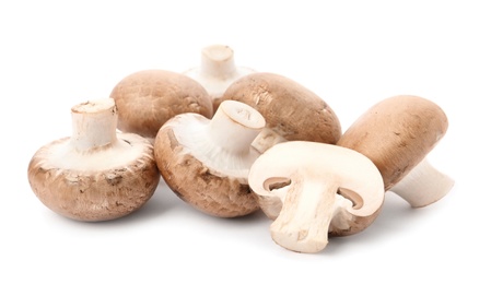 Photo of Fresh raw champignon mushrooms on white background