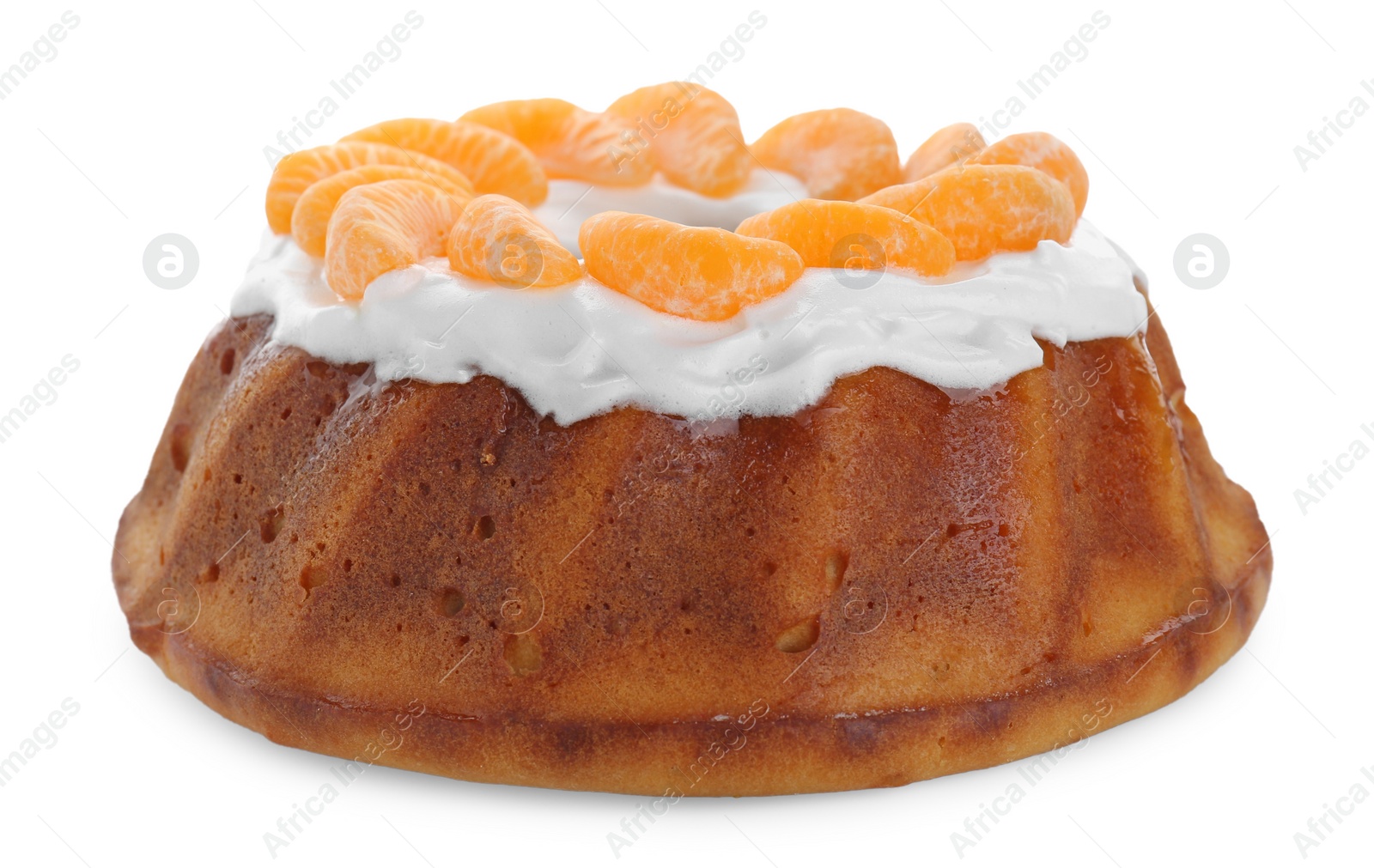 Photo of Homemade yogurt cake with tangerines and cream on white background