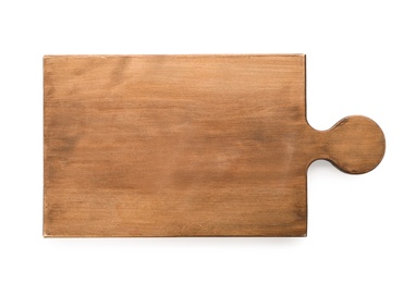 Photo of Wooden board on white background, top view. Kitchen accessory