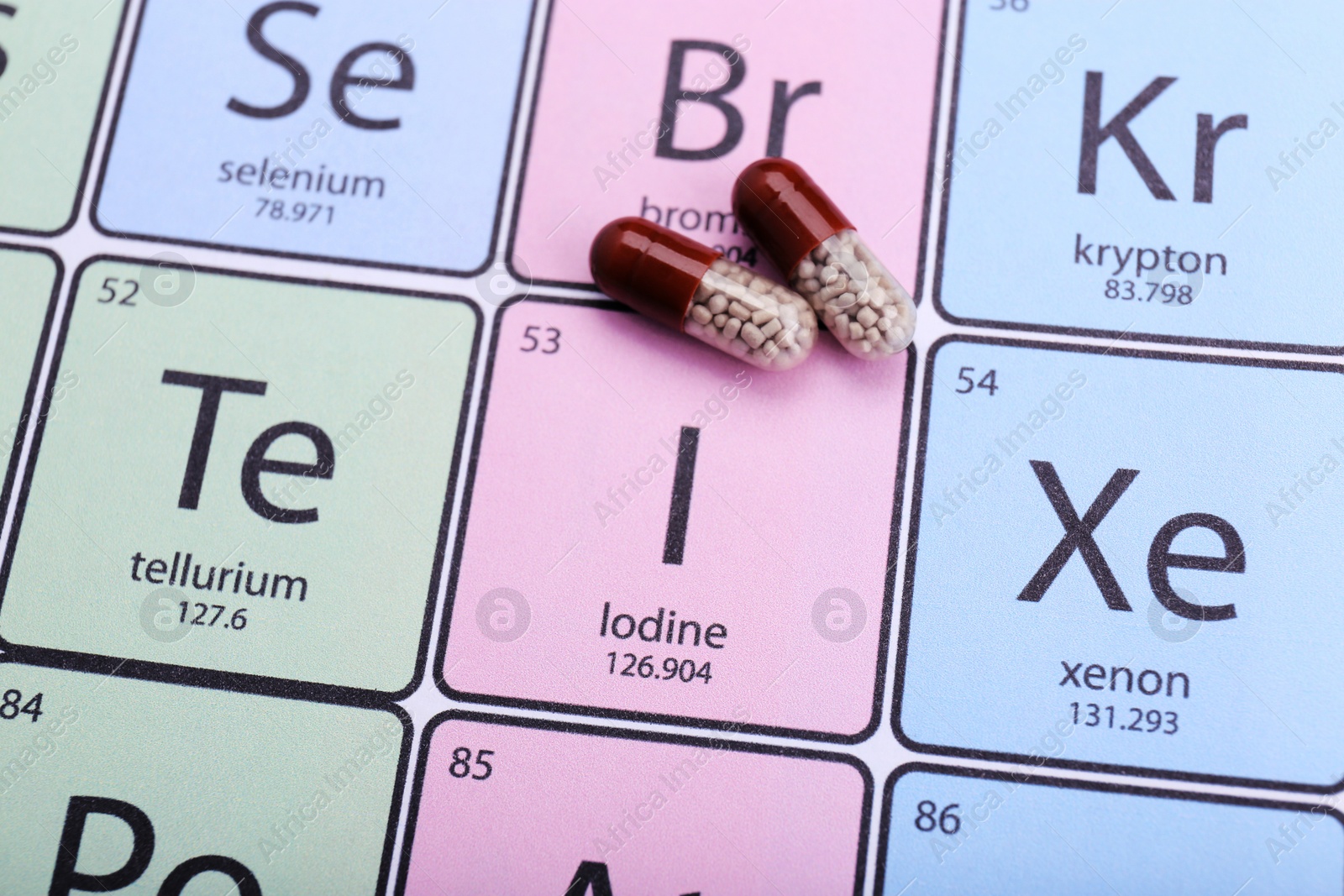 Photo of Symbol Iodine and pills on periodic table of elements, top view