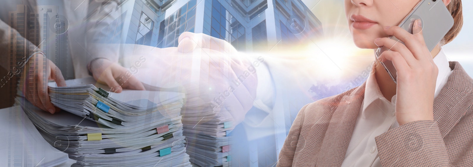 Image of Multiple exposure of businesswoman talking on phone, man with documents and building, Banner design