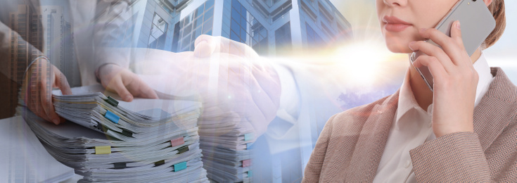 Multiple exposure of businesswoman talking on phone, man with documents and building, Banner design