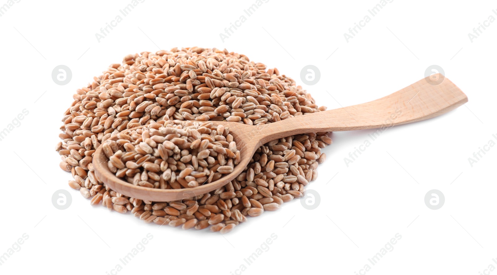 Photo of Wooden spoon and  wheat grains isolated on white