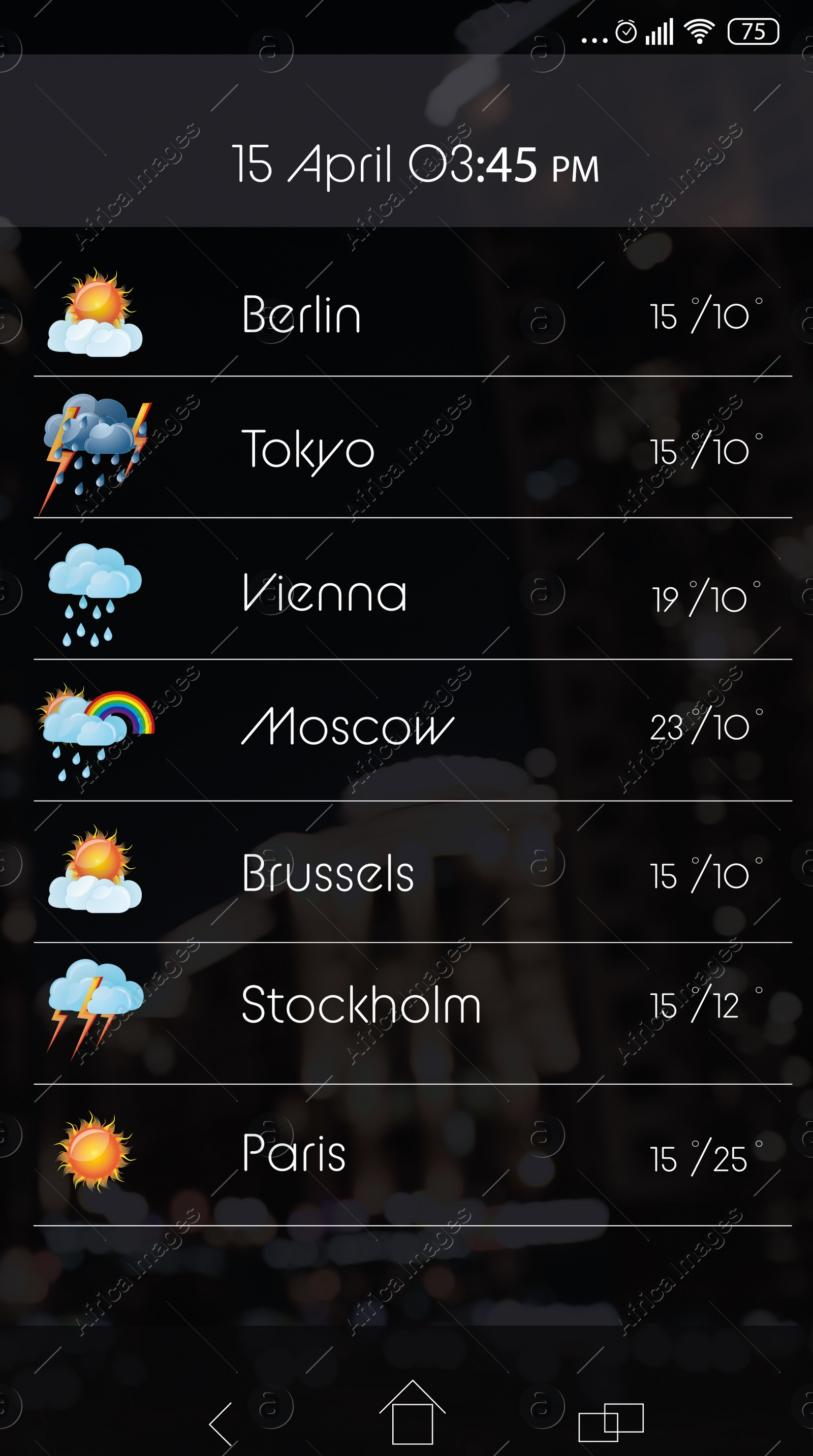 Image of Weather forecast widget on screen. Mobile application