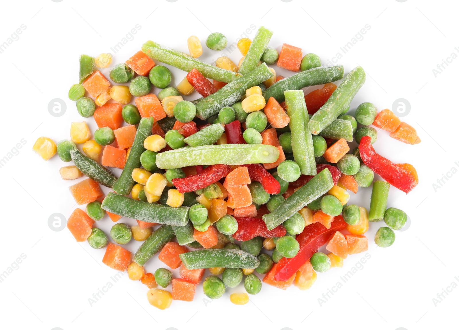 Photo of Mix of different frozen vegetables isolated on white, top view