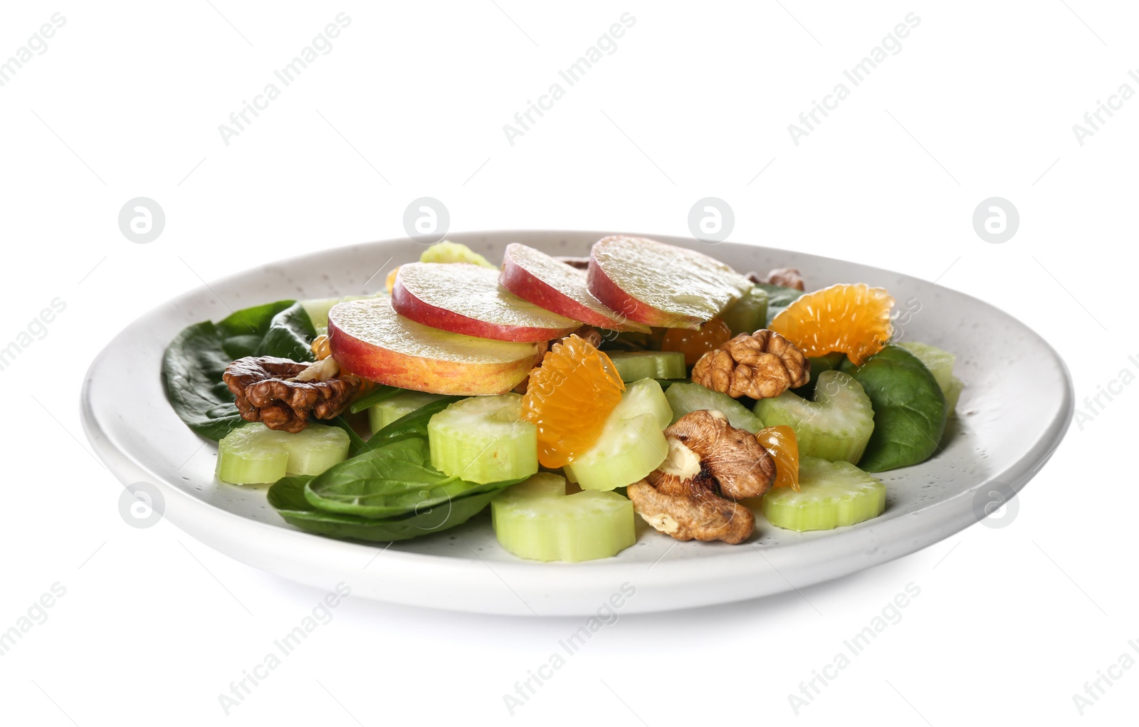 Photo of Delicious fresh celery salad isolated on white