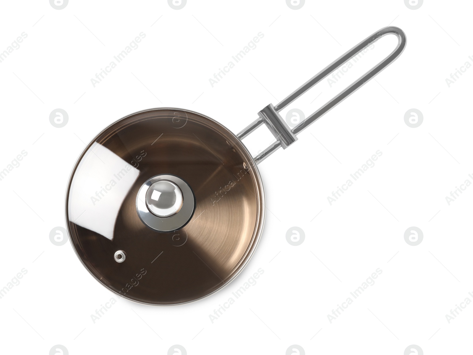 Photo of New shiny saucepan with glass lid isolated on white, top view