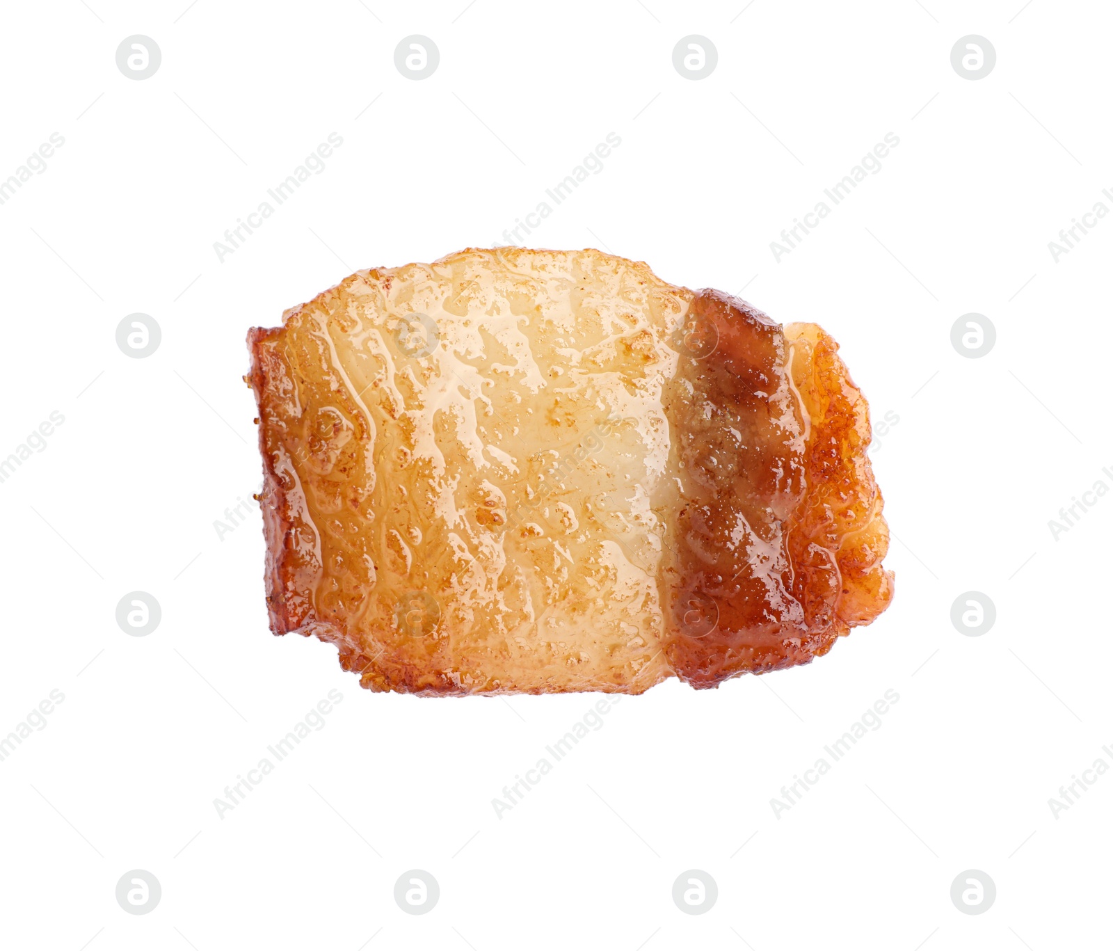 Photo of Tasty fried crackling isolated on white, top view. Cooked pork lard