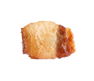 Photo of Tasty fried crackling isolated on white, top view. Cooked pork lard