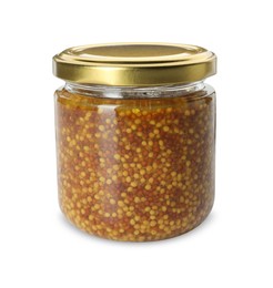 Fresh whole grain mustard in jar isolated on white