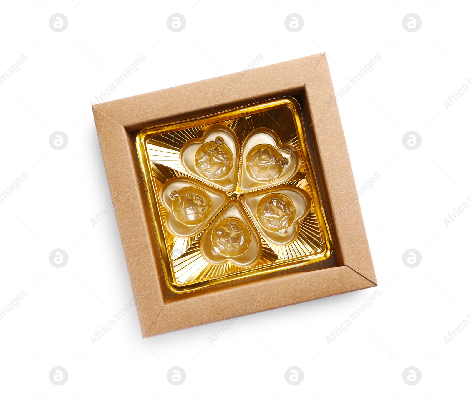 Photo of Empty box of chocolate candies isolated on white, top view