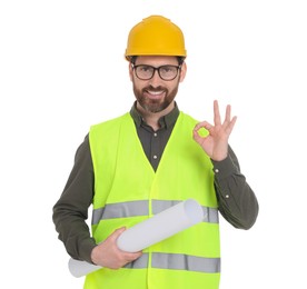 Architect in hard hat with draft showing OK gesture on white background