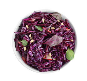 Fresh red cabbage salad in bowl isolated on white, top view