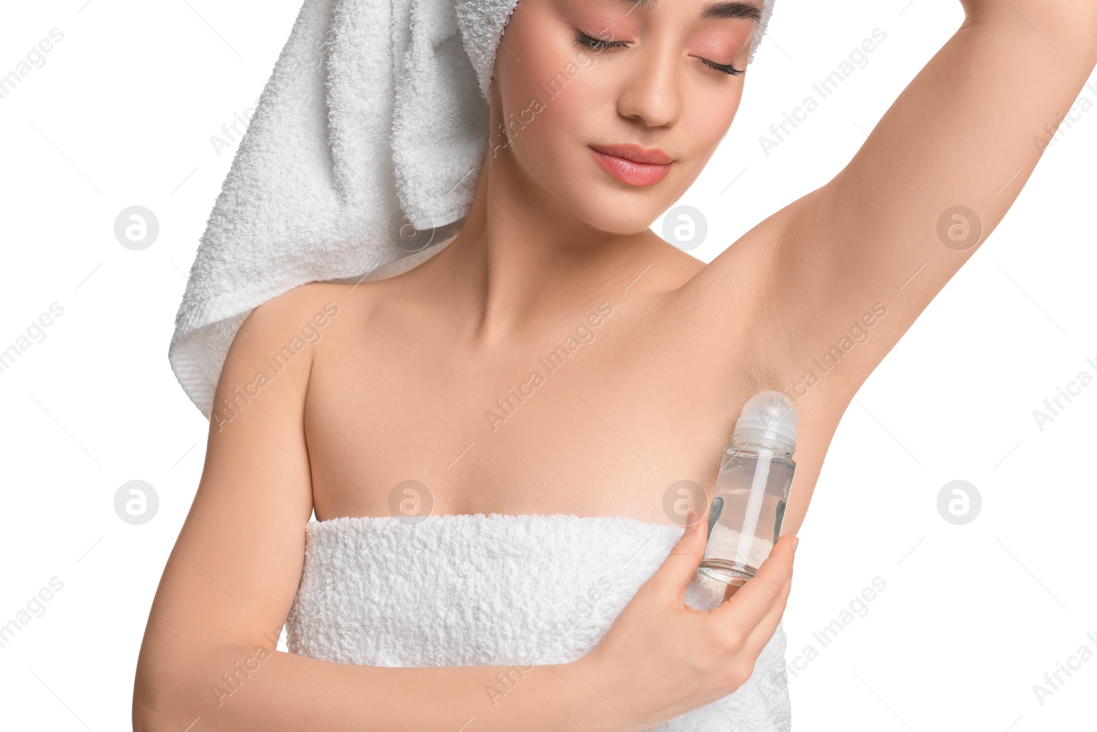 Photo of Beautiful woman applying deodorant on white background