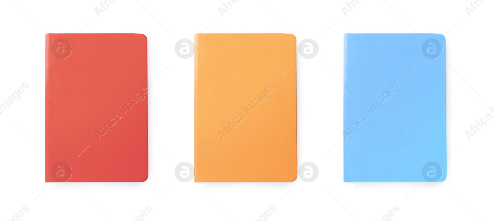 Image of Set with multicolor notebooks on white background, top view. Banner design