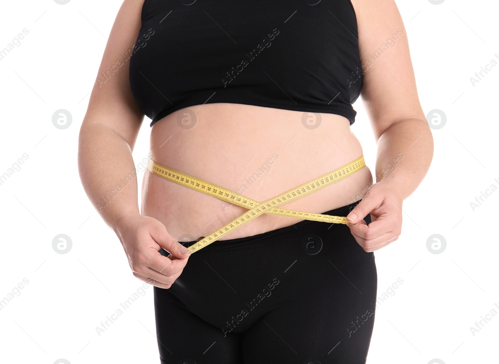 Photo of Fat woman with measuring tape on white background, closeup. Weight loss