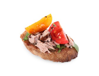 Delicious bruschetta with balsamic vinegar, tomato, arugula and tuna isolated on white