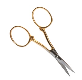 Photo of Pair of sharp scissors on white background