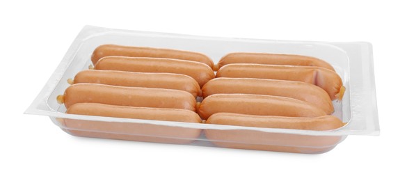 Plastic container with sausages isolated on white. Meat product