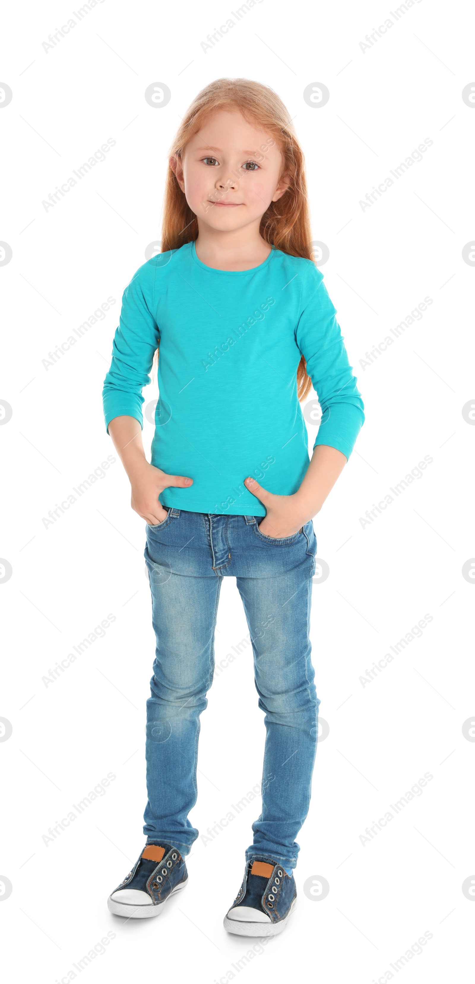 Photo of Full length portrait of cute little girl in casual outfit on white background