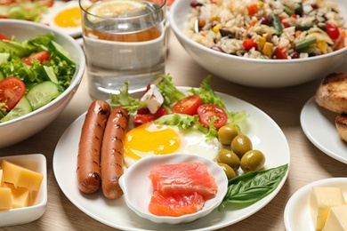 Different delicious dishes on table, closeup. Buffet service