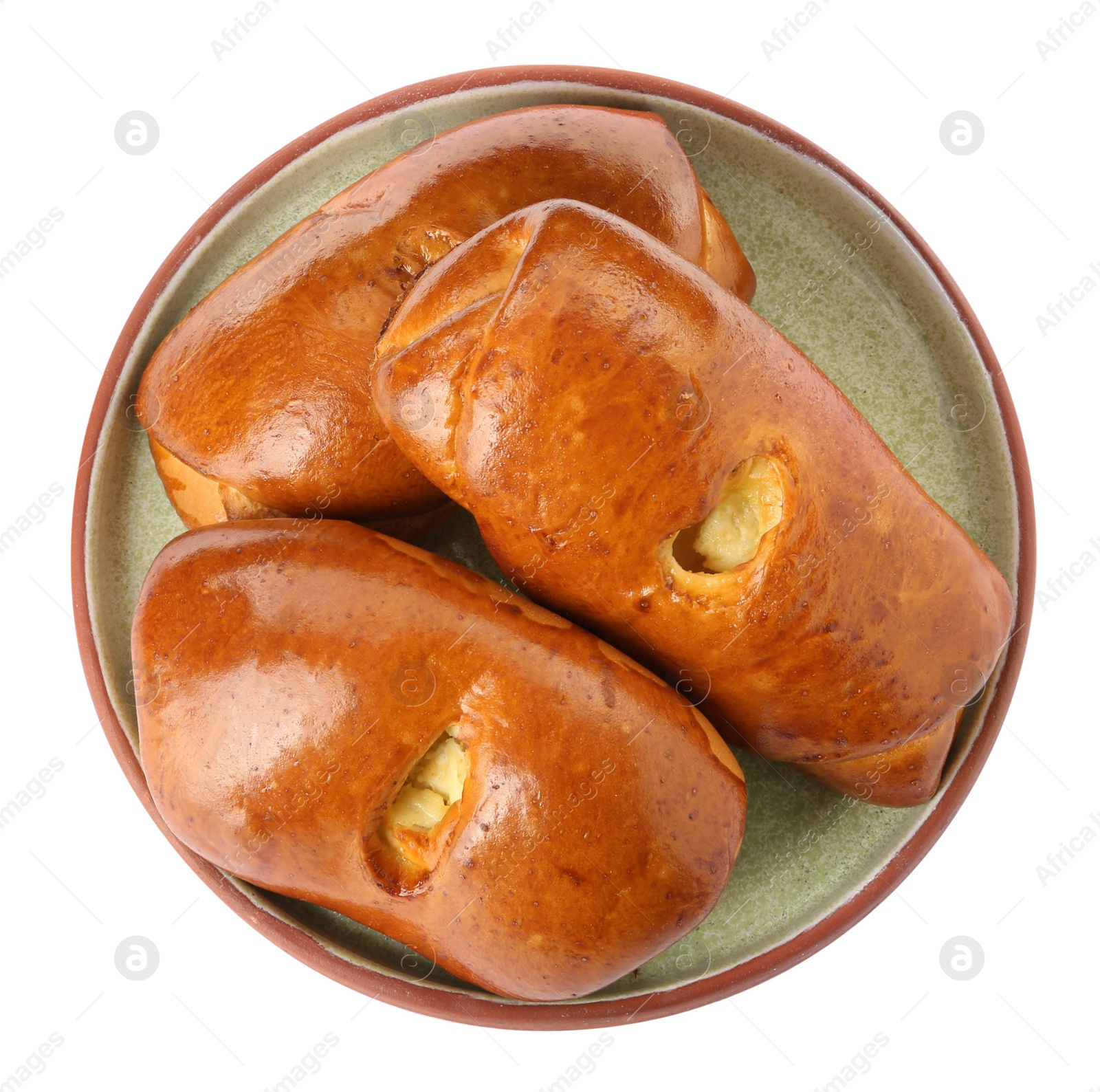 Photo of Plate with delicious baked patties on white background, top view