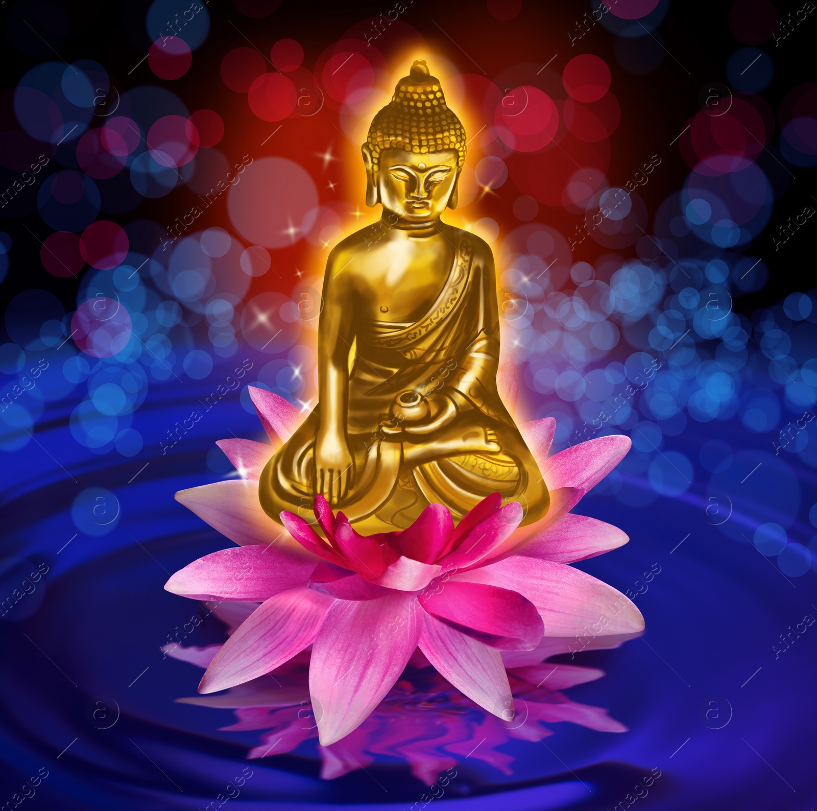 Image of Buddha figure in lotus flower on water, bokeh effect