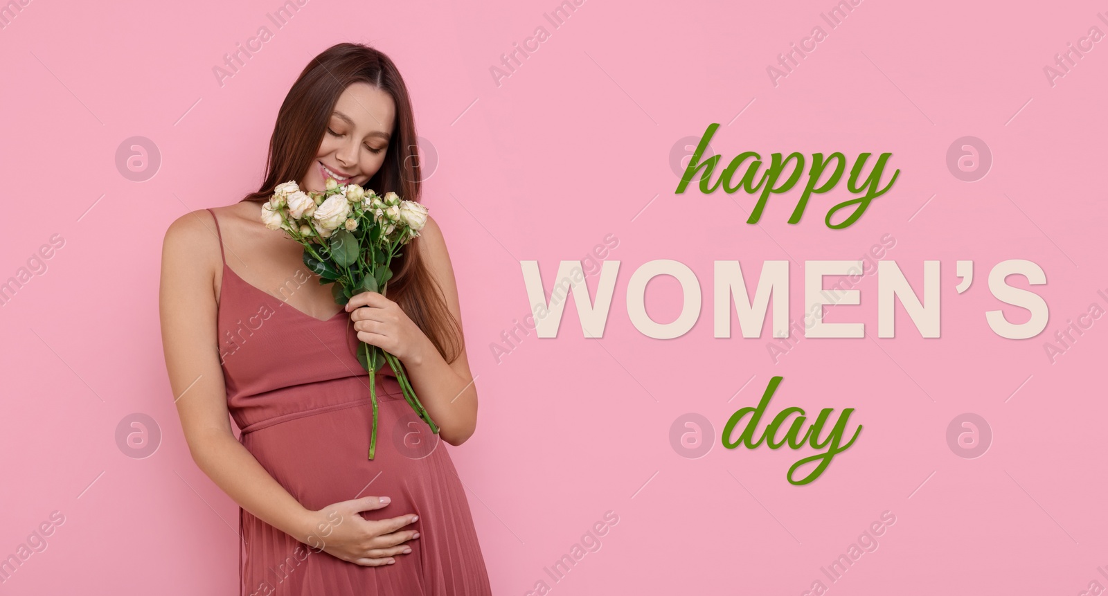 Image of Happy Women's Day, Pregnant lady holding bouquet of beautiful flowers on pink background