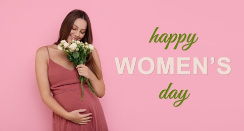 Image of Happy Women's Day, Pregnant lady holding bouquet of beautiful flowers on pink background