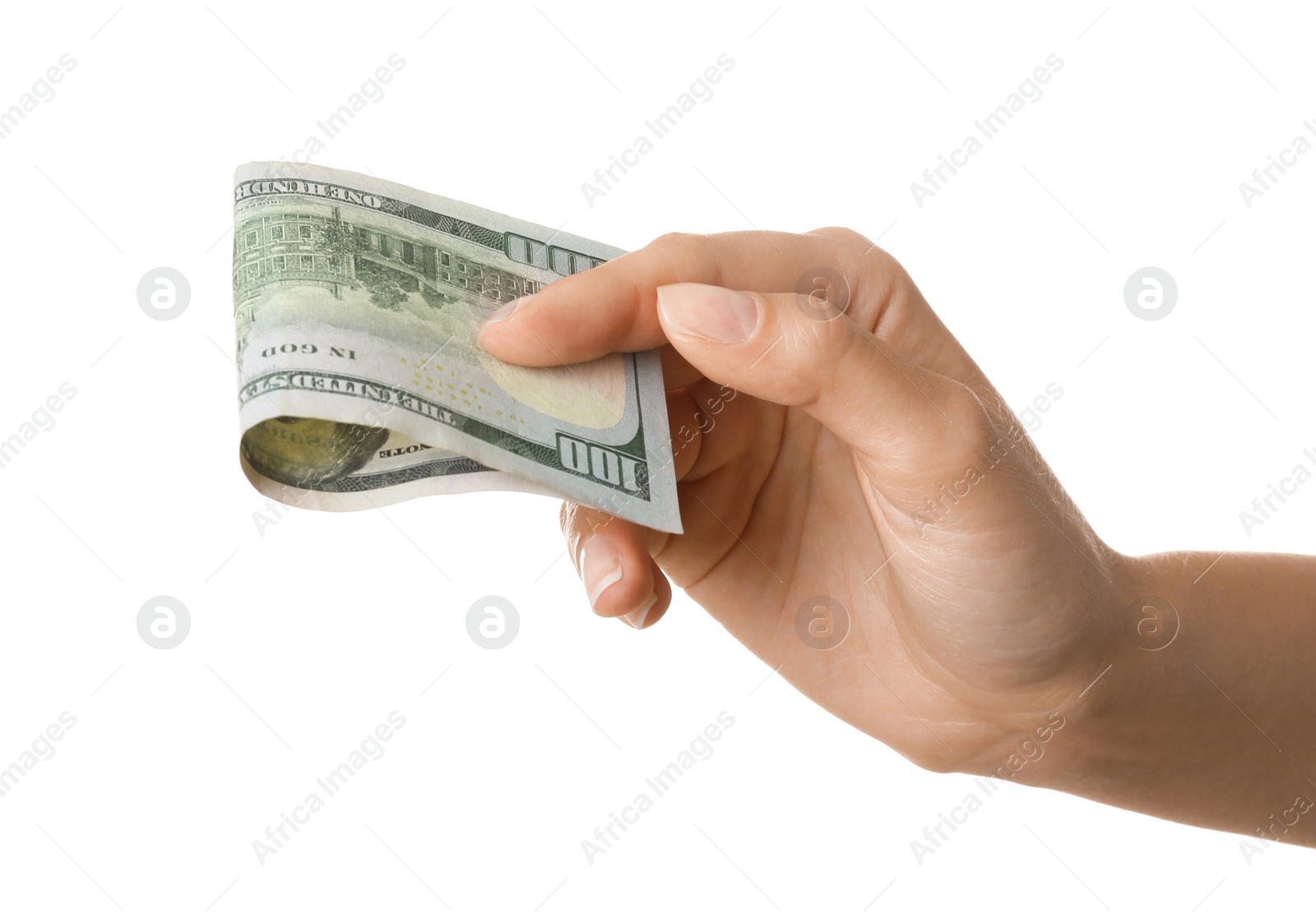 Photo of Young woman with dollar bill on white background, closeup