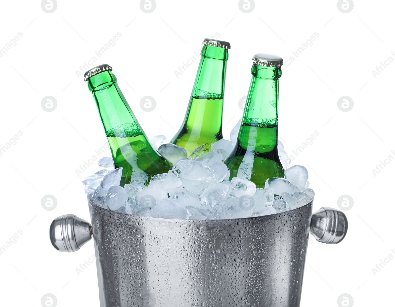 Photo of Metal bucket with beer and ice cubes isolated on white