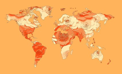 World map made of beautiful flowers on orange background, banner design