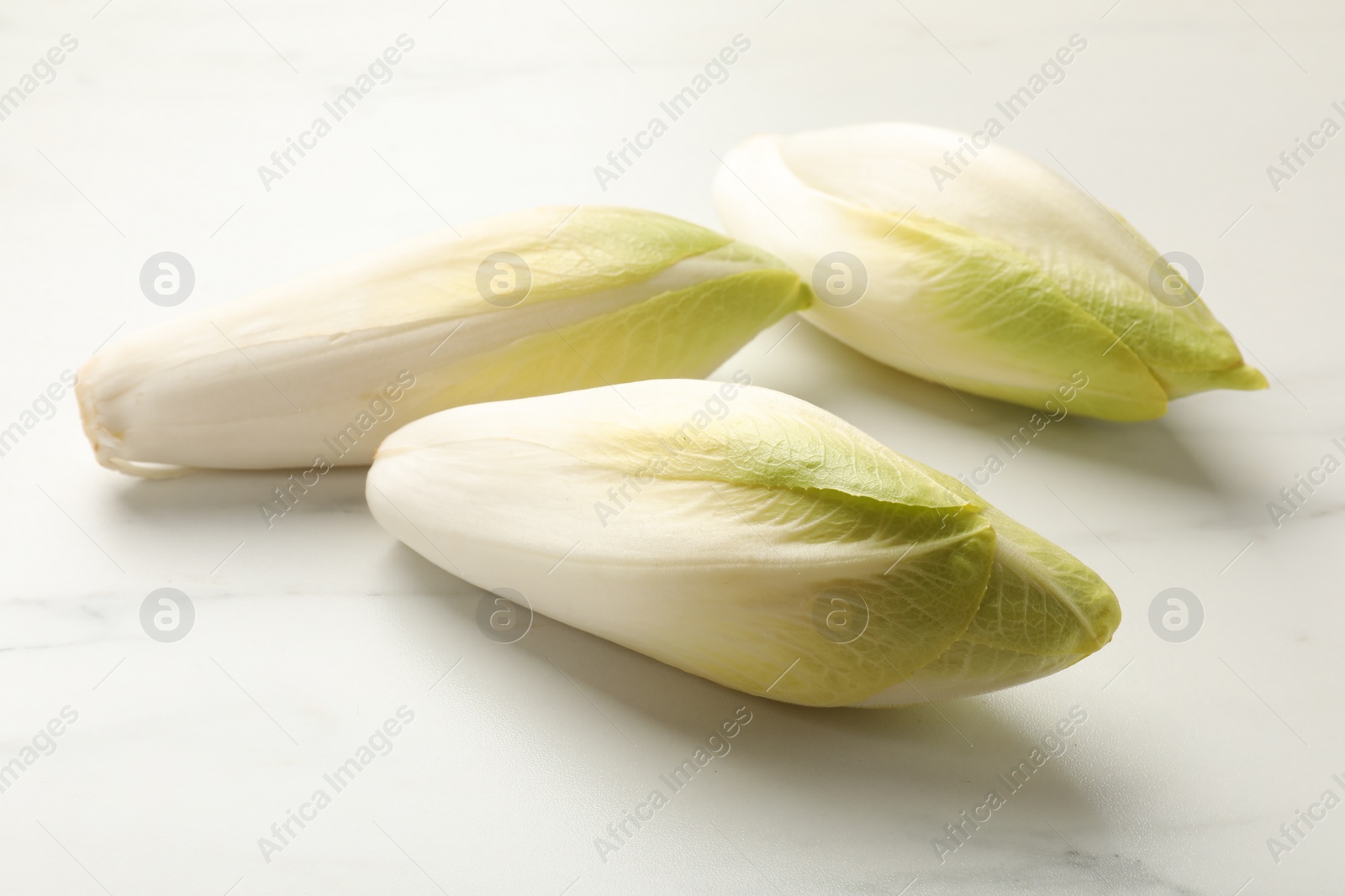 Photo of Raw ripe chicories on white marble table