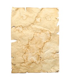 Photo of Sheet of old parchment paper isolated on white, top view. Space for design