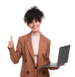 Photo of Beautiful happy businesswoman with laptop showing thumbs up on white background